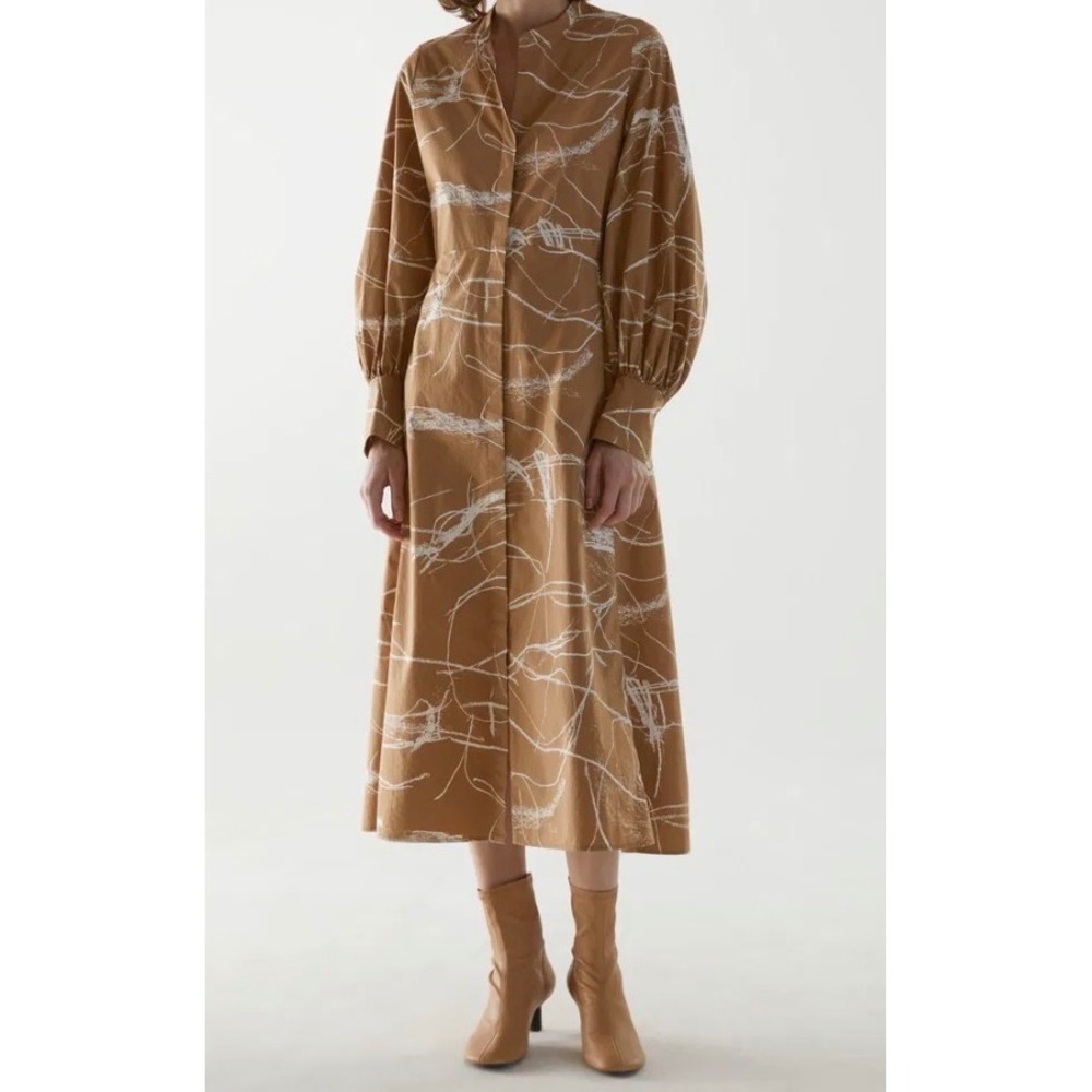 COS Brown Brushstroke Organic Stretch Cotton Collarless Modest Shirt Dress 14